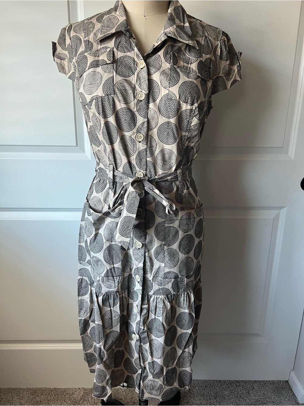 New Merona Neutral Circular Print Shirt Dress with Waist Tie